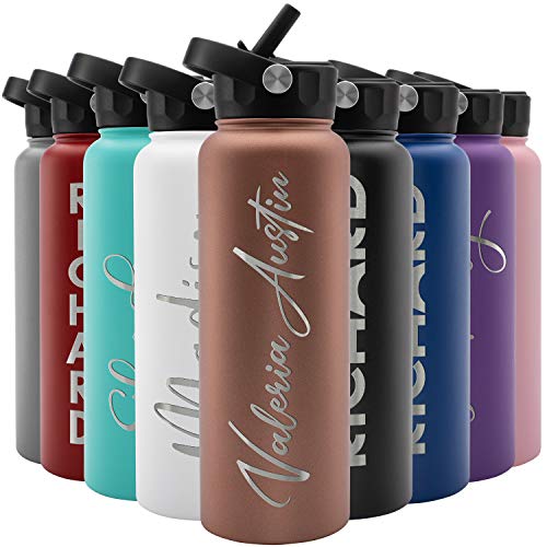 Amazing Items Personalized Water Bottle w/Straw & Lid, 40 oz - Rose Gold | Custom Large Stainless Steel Sports Water Bottle w/Name and Text - Double-Wall, Vacuum Insulated - Rotating Handle - color: Rose Gold, size: 40 Ounces