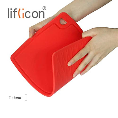 Liflicon Thick Cutting Boards for Kitchen Silicone Chopping Board Set of 2 Mid 12.6'' x 9.1”,Mini 9.1”x7.1” Non-slip Deep Drip Juice Groove Easy Grip Handle,Dishwasher Safe-Red - color: Red, size: S+M