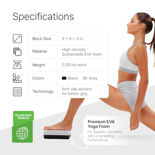 Yoga Blocks 2 Pack with Strap and Guide – Soft Non-Slip EVA Foam Blocks | High-Density Pilates Blocks for Home Workouts, Dance, Ballet, Gymnastics & Stretching Exercise, Dance Accessories and Gifts - color: Gray/Black - Stretch Band Black