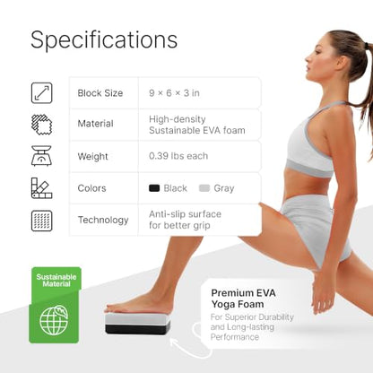 Yoga Blocks 2 Pack with Strap and Guide – Soft Non-Slip EVA Foam Blocks - color: Gray/Black - Stretch Band Gray