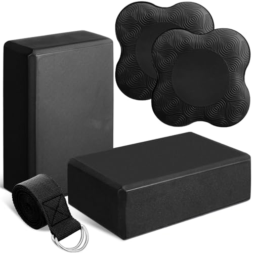 RoundFunny 5 Pcs Yoga Blocks Knee Pads Yoga Strap Set Soft Premium Foam Blocks Accessories for Pilates Meditation General Fitness Stability, Kneeling, Balance, Deepen Stretches and Toning - color: Black
