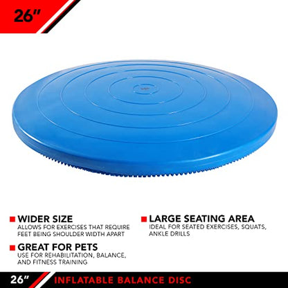 JFIT Inflatable Balance Disc - 13" or 26" Large Wobble Cushion Trainer - Durable Exercise Balance Pad for Coordination, Stability, and Core - Home, Gym, and Pet Training - style: 26-Inch - Blue