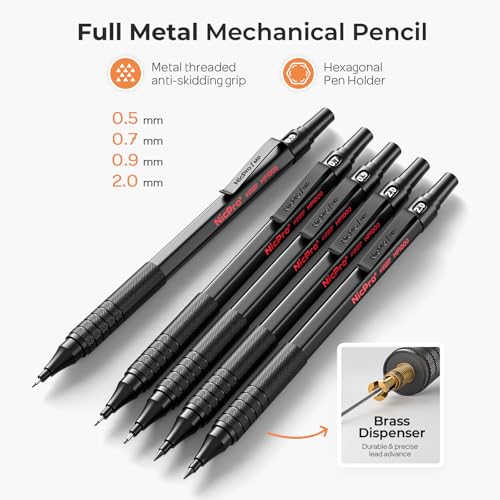 Nicpro 22PCS Art Mechanical Pencil Set， Metal Drawing Sketching With Eraser | Pencil Black Artist Drafting 0.5 & 0.7 & 0.9 mm & 2PCS 2mm Graphite Holder(4B 2B HB 2H) for Writing With Lead Refills Case - color: Black, style: 0.5 0.7 0.9 2.0