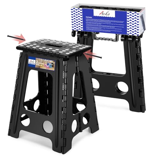 ACKO 17.5 Inch Folding Step Stool with Safety Lock, Holds 400 lbs, Black | Portable Foldable Stools with Handle, Heavy Duty Collapsible Non-Slip Foot Stool for Adults & Kids, Kitchen Bathroom Outdoor - color: Black, size: 17.5 Inch