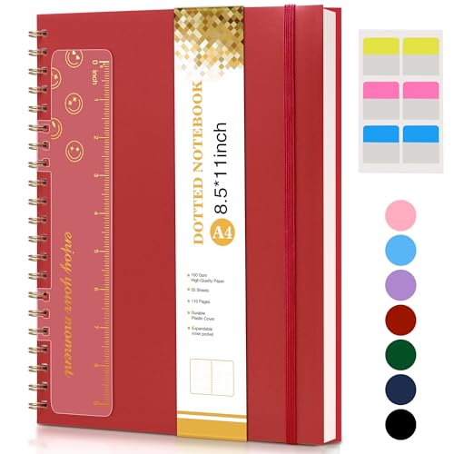 UEBZFOCS Dotted Notebook, Spiral Notebook Journal 8.5” x 11”, A4 Large Dot Grid Notebooks for Women Men, 100 GSM Dotted Paper, Plastic Hardcover Spiral Bullet Journals for Work School Sketching, Red - color: Red, size: Dotted