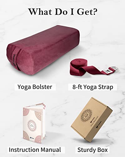 Tumaz Yoga Bolster Set, Rectangular Yoga Bolster with Washable Cover | Soft bolster for restorative yoga, meditation and stretching. Includes 8-ft strap, carry handle and washable cover - color: Burgundy