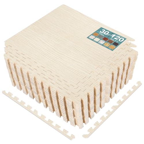 Sorbus Interlocking Wood Grain Foam Floor Tiles (30 Pack, Light Pine) | 3/8-inch EVA floor mats with borders suit playrooms, basements and home gyms, plus trade show flooring and dance areas. - color: Light Pine, size: 30 Pack