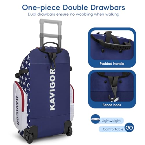 KAVIGOR Rolling Baseball Bag with Wheels, 60L Capacity Softball Bag Holds 4 Bats for Boys and Girls, Youth Equipment Bag with Shoe Compartment - color: Red White & Blue