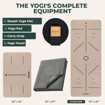 STAASH Premium Yoga Set – PU & Natural Rubber Mat + Towel + Strap + Knee Pad – Non-Slip Grip, Eco-Friendly, Studio Quality - color: Sand beige