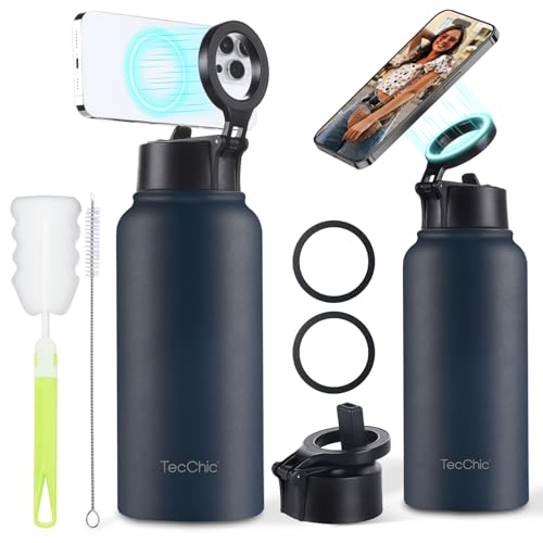Insulated Water Bottle with Magnetic Phone Holder Compatible with MagSafe and iPhone,Double-Sided Magnet,Hot 12H Cold 24H,Stainless Steel Water Bottle Phone Mount for Sports Travel,32oz (Navy Blue) - color: Navy Blue