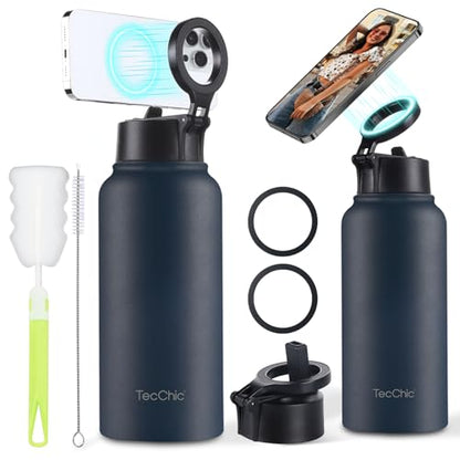 Insulated Water Bottle with Magnetic Phone Holder Compatible with MagSafe and iPhone,Double-Sided Magnet,Hot 12H Cold 24H,Stainless Steel Water Bottle Phone Mount for Sports Travel,32oz (Navy Blue) - color: Navy Blue