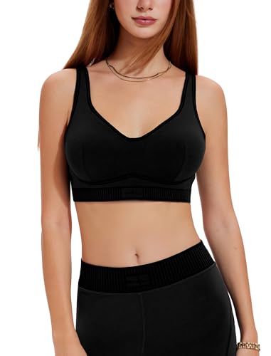 Sports Bra High Impact V Neck for Women, Adjustable Scalloped Straps Color Block U-Back Push Up Yoga Workout Gym Bra - color: Black, size: Small