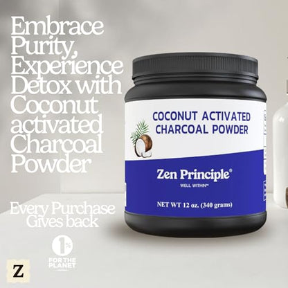Zen Principle Coconut Activated Charcoal Powder. Whitens Teeth, Rejuvenates Skin and Hair, Supports Better Digestion. USA-Owned Producers, Free Scoop, 12 Oz - size: 12 Ounce (Pack of 1)