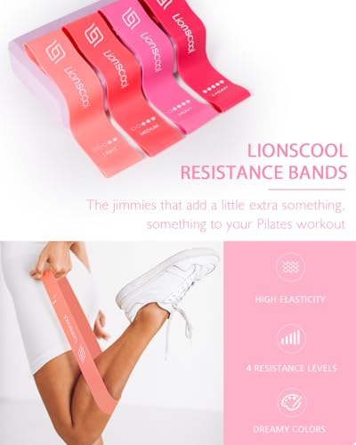 LIONSCOOL Pilates Ring Set 14" Magic Circle, 9" Mini Ball, Resistance Bands | Foam-Padded Fiberglass Pilates Ring, 400 lb Anti-Burst Ball, Latex Bands, Guide & Bag, Pilates Equipment Kit for Home Workout - color: Pink
