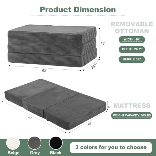 6 Inch Tri Fold Memory Foam Mattress Queen Size, Foldable Futon Mattress Topper with Removable Washable Cover, Portable Floor Sofa Bed Guest Mat with Carry Handles & Non-Slip Bottom for Camping - color: Grey, size: Queen