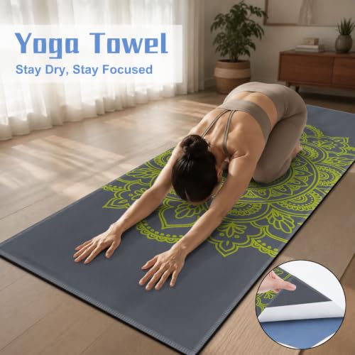 Yoga Mat Towel, Hot Yoga Non Slip with 4 Corner Pockets, 74 x 26 in - color: Green Flower-01, size: Large