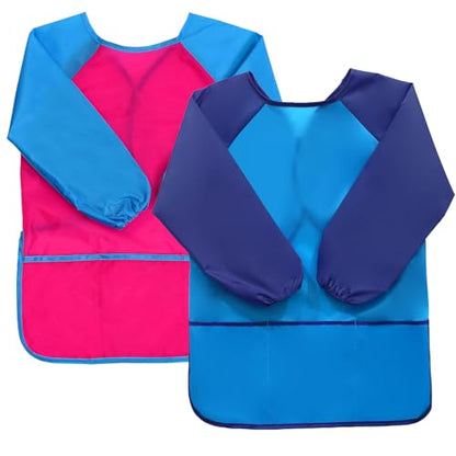 2 Pack Kids Art Smock Waterproof with Long Sleeve and 3 Roomy Pockets Artist Children Aprons for Toddlers Age 3-8 Painting Crafts（Rose Red+Lake Blue） - color: 2 Pack Rose Red+lake Blue