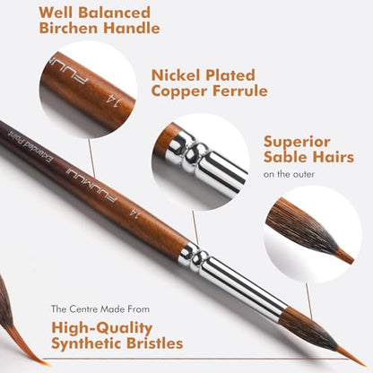 Watercolor Brushes Professional, Fuumuui 9pcs Sable Paint Brushes & Natural Squirrel Mop Brush Set with Extended Needle, Round Point, Flat, Dagger, Quill Wash for Watercolor Gouache Inks - color: Bronze