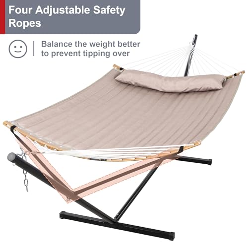 Double Hammock Curved Bar Hammock with 12FT Steel Stand, Tan | Heavy Duty Hammock with Curved Spreader Bars, Pillow, Safety Ropes and Portable Carring Bag, Large Hammock, Max 450 Lbs - color: Tan