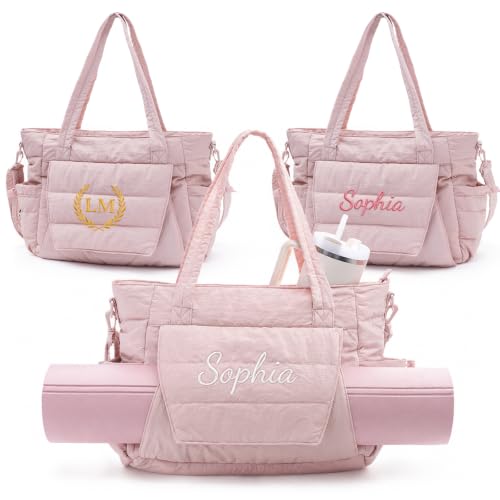 Yoga Tote Bag for Women with Yoga Mat Holder & Luggage Sleeve, Large Pilates Gym Bag with 16" Laptop Compartment, Lightweight Puffer Quilted Travel Tote with Water Bottle Pockets for Work - color: Pink, size: Personalized