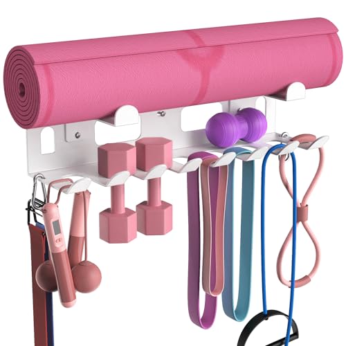 KHAMAL Multi-Purpose Gym Equipment Storage Rack for Resistance Bands - Gym Wall Storage for Exercise Bands, Yoga mat, Jump Ropes, Weight Belts, Straps, Hula Hoop (Black White) - color: White