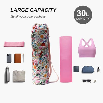 ESVAN Yoga Mat Bag with Multi Pockets Drawstring Yoga Mat Carrier Pilates Exercise Multi-Functional Storage Bag - color: Canvas Pink Flower