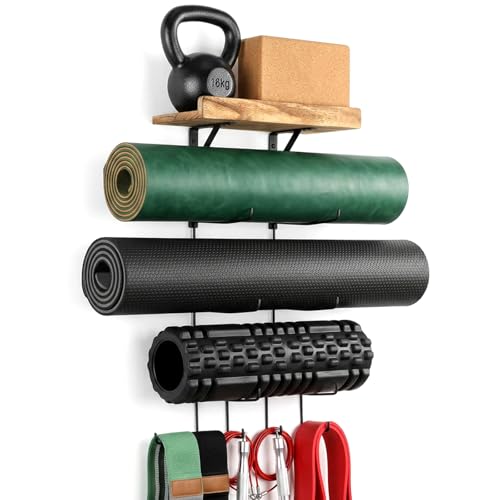 Yoga Mat Holder Wall Mount, Yoga Mat Organizer Storage Home Gym Accessories with Wood Floating Shelves for Storing Fitness, Yoga Mat Rack with 4 Hooks for Hanging Foam Roller and Resistance Bands