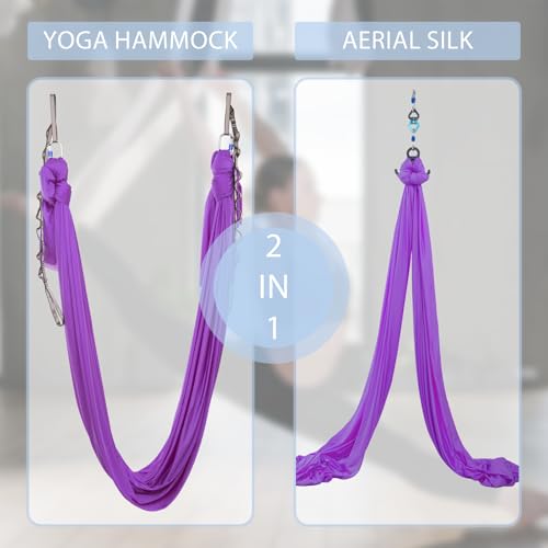Aerial Silks Yoga Swing Set, Fitness Aerial Yoga Kit | Anti-Gravity Flight Aerial Yoga Hammock Kit; Low/Non Stretch Nylon Tricot Fabric; For Fitness & Dance; Hardware Included - color: Violet