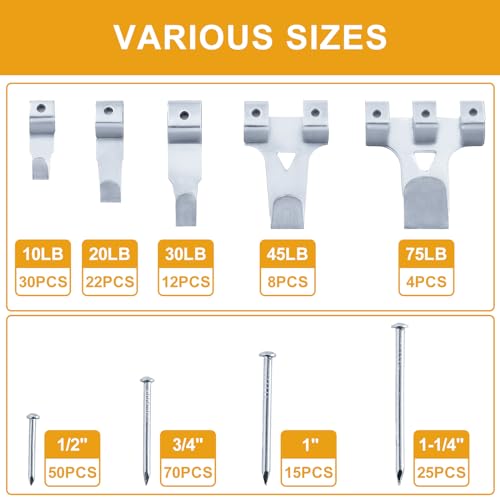 303Pcs Picture Hanging Kit, Picture Hangers Assorted Kit with Heavy Duty Wall Hooks, Sawtooth, Picture Wire, D Rings, Hardware Nails, Eye Hooks, Silver Heavy Duty Frame Hooks - size: Silver
