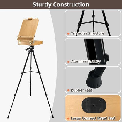 French Style Easel with Beech Wood & Aluminum Tripod | Light Weight Plein Air Easel- Adjustable Sketch box Tripod for Outdoor & Studio Painting, Sketching - color: Nature