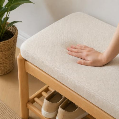 Solid Wood Shoe Bench, 40 Inch Entryway Bench with Light Gray Cushion - color: Natural + Light Gray Cushion, size: 39.37"