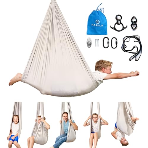 Harkla Sensory Swing for Kids & Adults, Holds 300lbs, Includes 360° Swivel | Hug Like Calming Effect and Durable Soft Stretch Fabric - Easy Assembly, Heavy Duty Hardware and 3rd Party Tested - color: Gray, size: 110" Swing + 5" Swivel