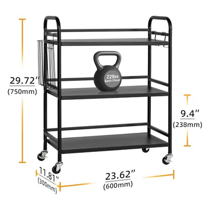 HDANI 3 Tier Metal Rolling Utility Cart,High Capacity Multi Purpose Heavy Duty Cart for Office,Kitchen,Living Room,Bedroom,Black - color: Black, size: Large Solid with Basket