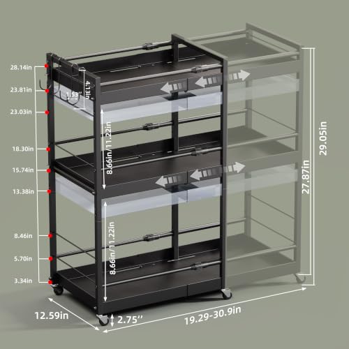 3 Tier Expandable Rolling Cart with wheels, pantry organizers and storage - size: 3 Tier(Black)