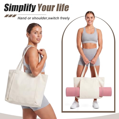 Halloscume 10 Pack Blank White Canvas Yoga Tote Bag Bulk, Large Yoga Mat Carrier Shoulder Bag with Pocket, Reusable Grocery Gym Pouch for Women Pilates Studio Office Travel Beach DIY Craft Gift