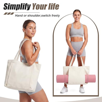 Halloscume 10 Pack Blank White Canvas Yoga Tote Bag Bulk, Large Yoga Mat Carrier Shoulder Bag with Pocket, Reusable Grocery Gym Pouch for Women Pilates Studio Office Travel Beach DIY Craft Gift