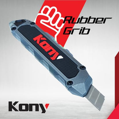 Kony Heavy-Duty Retractable Utility Knife, 18mm Snap-Off Box Cutter | 10 Extra SK5 Blades, Aluminum Body, Ruler & Bubble Level, For Cardboard, Carpet, Crafts & DIY