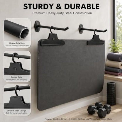 Heavy Duty Yoga Mat Holder Wall Mount & 2 Clip - for All Yoga Pilates | Yoga Mat Holder, Hanging Exercise Mat Storage Rack for All Fitness Mats, Space Saving(<20 lbs)