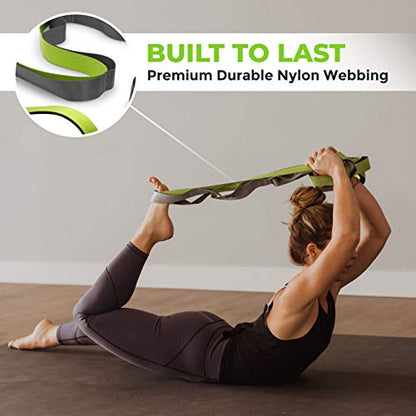 Gradient Fitness Stretching Strap for Physical Therapy, 12 Multi-Loop Stretch Strap 1.5" W x 8' L, Neoprene Handles, Physical Therapy Equipment, Yoga Straps for Stretching, Leg Stretcher. - color: Green/Grey