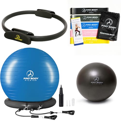 ProBody Pilates Ultimate 4 pc Kit - Pilates Ring, 65 cm Yoga Ball with Base and Bands, 9" Ball