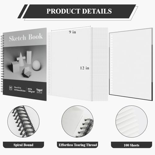 Yagol Sketch Book 9x12, 100 Sheets Spiral Bound Sketchbook, 68lb/100gsm Acid-Free Drawing Paper Pad for Sketching, Pencil, Charcoal & Dry Media, Art Sketch Pad for Students, Beginners & Artists.