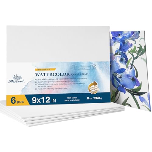 PHOENIX Watercolor Canvas Boards for Painting - 9x12 Inch/6 Pack, 100% Cotton Water Color Canvas Panels, 8 Oz. / 260g White Blank Medium Texture Flat Canvases for Water Based Paints - size: 9"x12", style: Canvas Panel