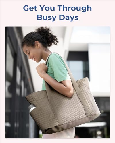 BAGSMART Crush Tote Bag for Women, 20L Puffer Work Tote with Zipper, Travel Essentials Quilted Nurse Hospital Bag - color: Grayish Brown