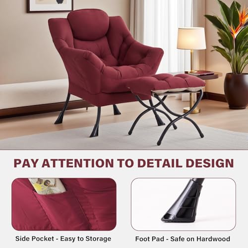 Tiita Lazy Chair with Ottoman, Comfy Reading Accent Chair, Burgundy | Foldable Footrest, Padded Seat and Backrest, Side Pocket for Lounging in Living Rooms, Bedrooms, Dorms and Small Spaces - color: Burgundy