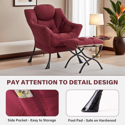 Tiita Lazy Chair with Ottoman, Comfy Reading Accent Chair, Burgundy - color: Burgundy