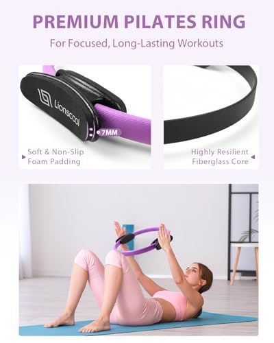 LIONSCOOL Pilates Ring Set 14" Magic Circle, 9" Mini Ball, Resistance Bands - color: Purple
