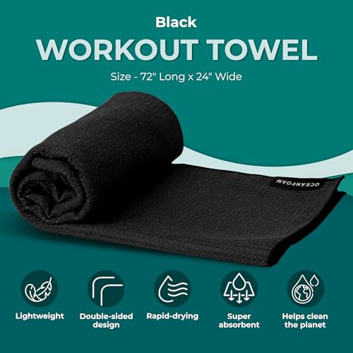 Oceanfoam Beach Towel – Lightweight, Absorbent, Quick-Drying, Sand-Resistant, Non-Slip – Ideal for Workouts, Yoga, Pilates, Beach, Pool, Boat & Travel – 25% Recycled – 72"x24" (Black) - color: Black