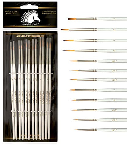 MyArtscape Detail Paint Brushes - 12 Miniature Taklon Brushes | 12 fine detail Taklon paint brushes for acrylic, watercolor, oil, gouache, miniatures, models, and lettering.