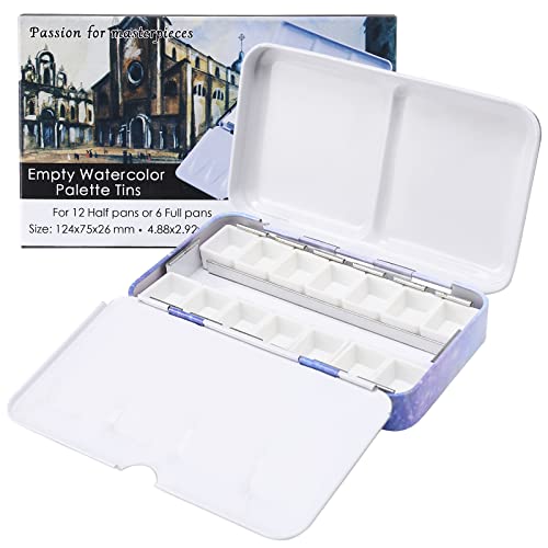 MYARTOOL Empty Watercolor Palette, Metal Watercolor Tins Box Palette Paint Case with 12 Empty Half Pans, Paint Tray Palette Suitable for Watercolor, Acrylic, Gouache, Oil Painting - color: Purple, size: 12 PCS Empty Half Pans