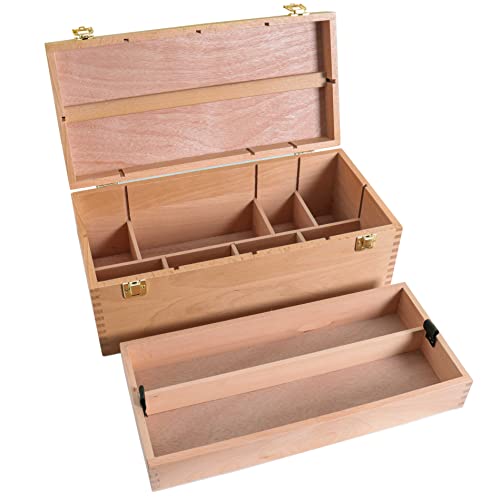U.S. Art Supply Multi-Function Artist Supply Box with Locking Clasps & Removable Tray - Wooden Art Box for Artist Supplies, Brushes, Pencils, Erasers, Tool Storage Organizer Case